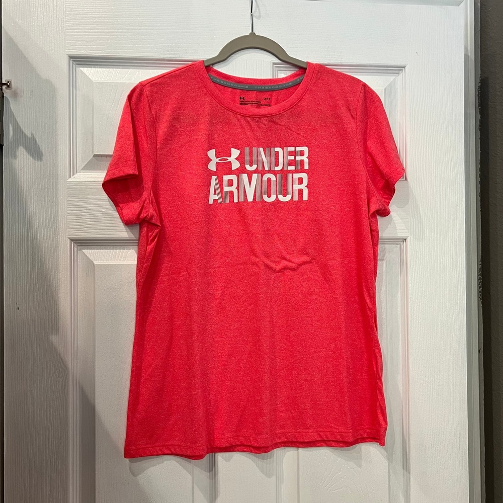 Under Armour T-Shirt Polyester Threadborne HeatGear Athletic Pink Heather LG